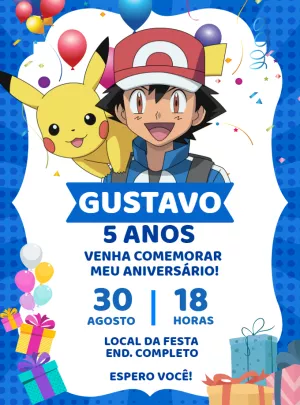 Convite de Aniversário Pokémon com Ash e Pikachu para Editar