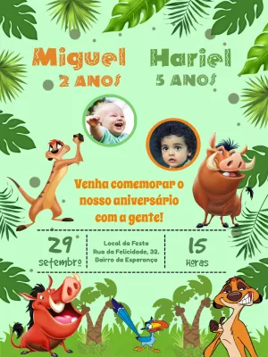 Convite Aniversário Duplo Timão e Pumba com Foto para Editar