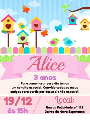 Convite de Aniversário Jardim dos Passarinhos para Editar