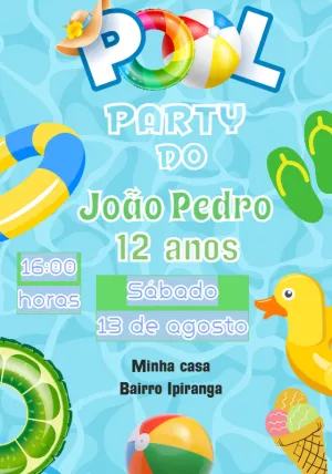 Convite Aniversário Pool Party com Boias e Bolas para Editar