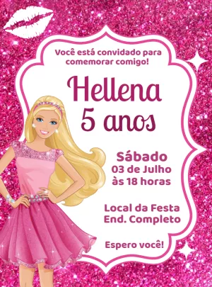 Convite Aniversário Barbie com Glitter Rosa para Editar Online