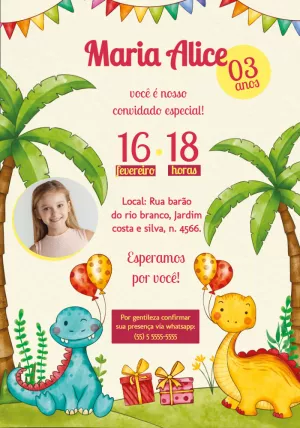 Convite de Aniversário Dinossauro com Foto para Editar Online