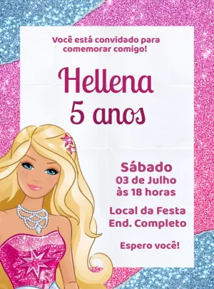 Convite Aniversário Barbie Glitter para Editar Online