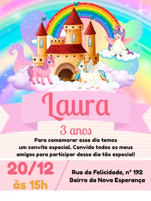 Convite de Aniversário Unicórnio com Castelo para Editar Online