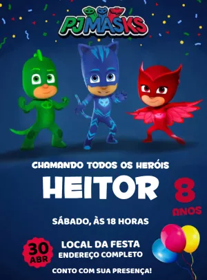 Convite de Aniversário PJ Masks com Heróis para Editar Online