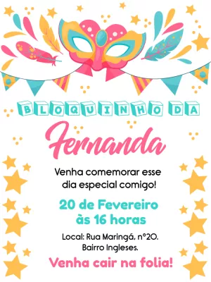 Convite Aniversário Bloquinho de Carnaval para Editar Online