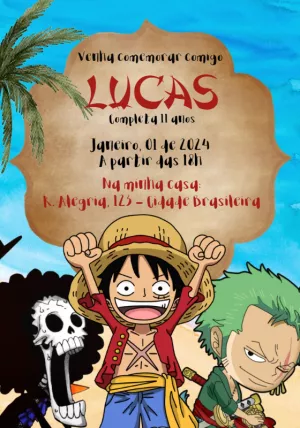 Convite Aniversário One Piece com Personagens para Editar Online