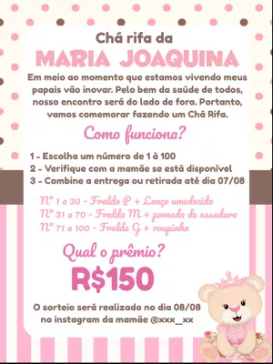 Convite Chá Rifa Ursinha Princesa para Editar Online
