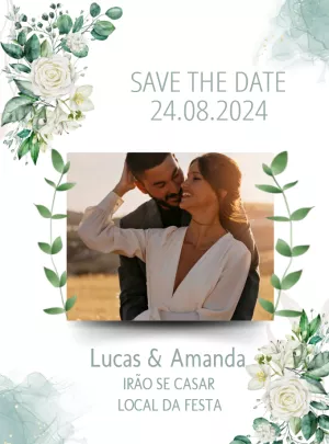 Save the Date Casamento Floral Verde com Foto para Editar