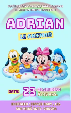 Convite Aniversário Turma do Mickey Baby para Editar Online