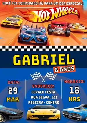 Convite Aniversário Hotwheels com Carros para Editar Online