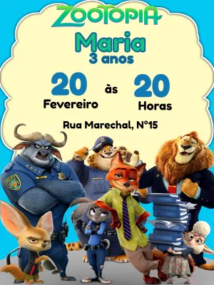 Convite Aniversário Zootopia com Personagens para Editar