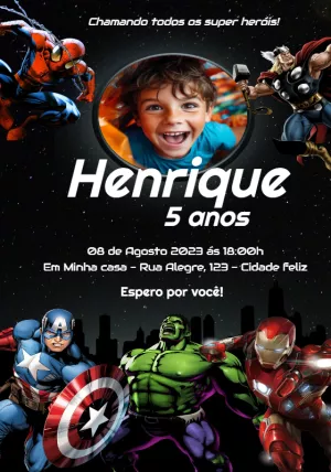 Convite Aniversário Vingadores com Foto para Editar Online