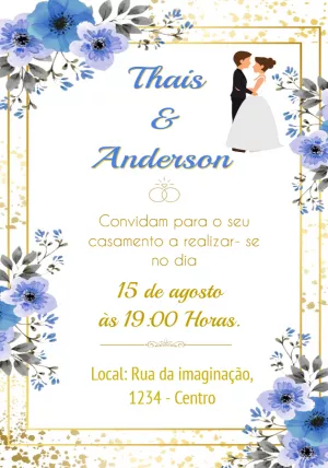 Convite de Casamento Floral Azul e Dourado para Editar Online