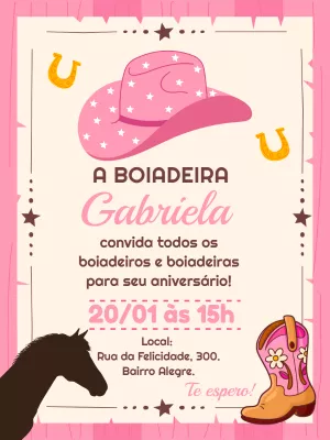 Convite de Aniversário Boiadeira Rosa para Editar Online