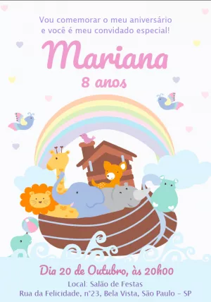 Convite Aniversário Arca de Noé com Animais para Editar Online