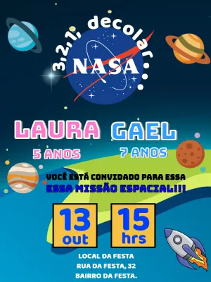 Convite Aniversário Duplo Espaço NASA para Editar Online