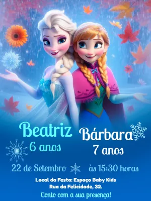 Convite Duplo Aniversário Frozen com Elsa e Ana para Editar Online
