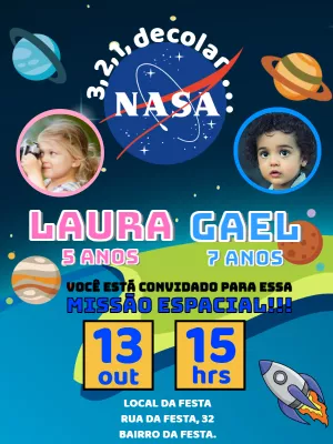 Convite Aniversário Duplo Nasa com Foto para Editar Online
