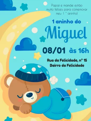 Convite de Aniversário Ursinho na Lua para Editar e Imprimir