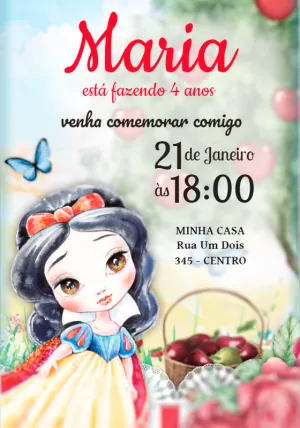 Convite Aniversário Branca de Neve Aquarela para Editar Online