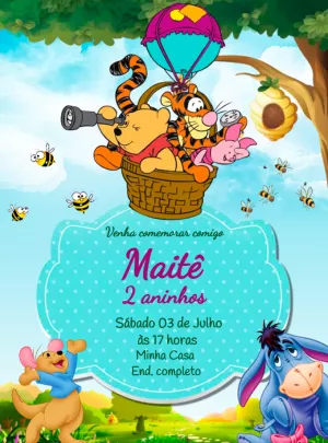 Convite Aniversário Ursinho Pooh e Turma para Editar Online