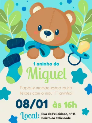 Convite de Aniversário Ursinho Bebê para Editar Online