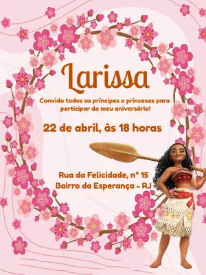 Convite de Aniversário Moana com Flores para Editar Online