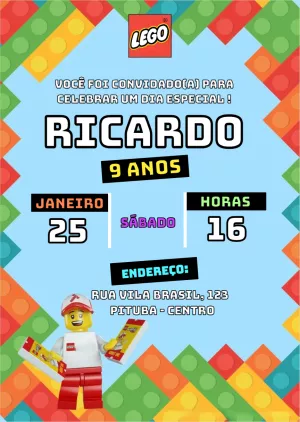 Convite de Aniversário Lego Editável Online para Imprimir