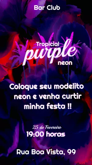 Convite de Aniversário Neon Roxo Tropical para Editar