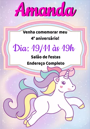 独角兽生日邀请函 – 静态 – Montando a Sua Festa Oficial