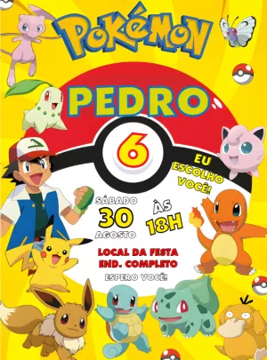 Convite de Aniversário Pokémon com Personagens para Editar Online