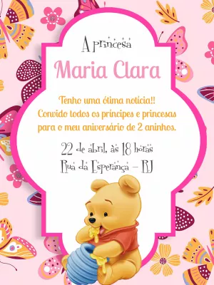 Convite Aniversário Ursinho Pooh Rosa para Editar Online