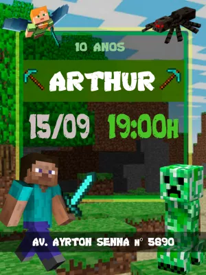 Convite de Aniversário Minecraft com Personagens para Editar
