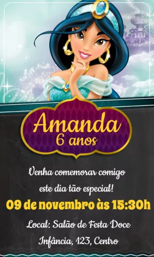 Convite Aniversário Princesa Jasmine para Editar Online