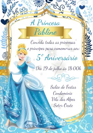 Convite de Aniversário Cinderela Princesa para Editar Online