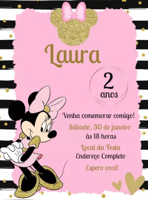 Convite Aniversário Minnie Rosa e Dourado para Editar Online
