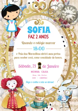 Convite Aniversário Alice no País das Maravilhas para Editar