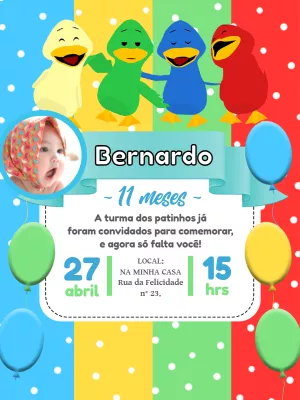 Convite Aniversário Patinhos Coloridos com Foto para Editar