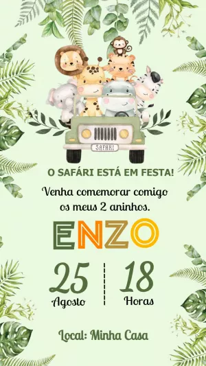 Convite de Aniversário Safari com Animais para Editar Online
