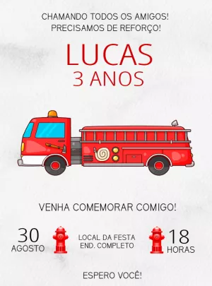 Convite de Aniversário Bombeiro com Caminhão para Editar Online