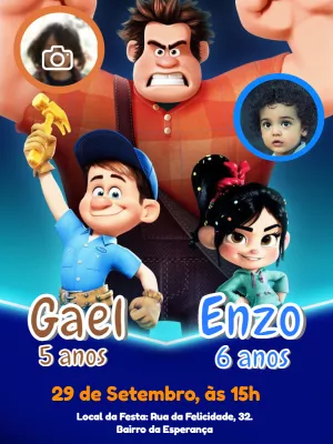 Convite Aniversário Duplo Detona Ralph com Foto para Editar