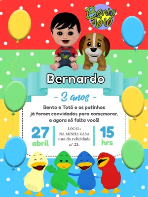 Convite Aniversário Bento e Totó e Patinhos para Editar Online