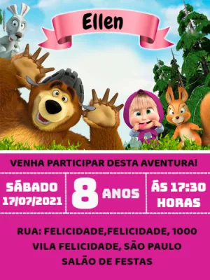 Convite Aniversário Masha e o Urso Editável Online