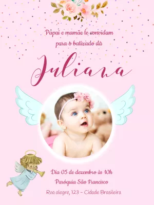 Convite de Batizado Anjinho com Foto para Editar Online