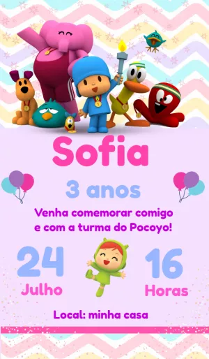 Convite de Aniversário Pocoyo e Turma para Editar Online