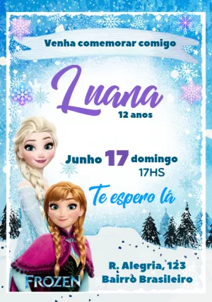Convite de Aniversário Frozen com Elsa e Anna para Editar Online