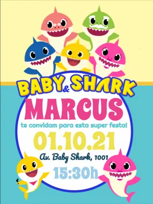 Convite de Aniversário Baby Shark com Personagens para Editar