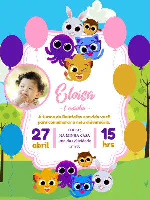 Convite de Aniversário Bolofofos com Foto para Editar Online