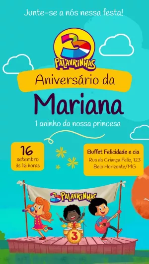 Convite Aniversário 3 Palavrinhas com Personagens para Editar